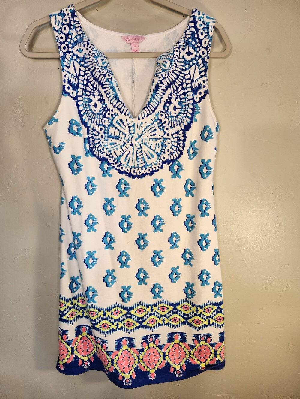 Lilly Pulitzer White Mini Dress with Blue, Aqua & Pink Trim